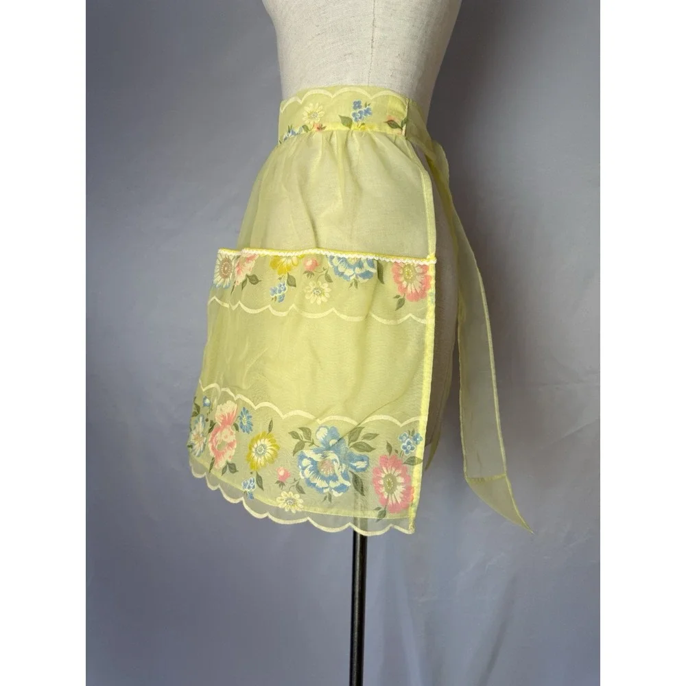 Vintage 50s Half‎ Apron Sheer Yellow Floral Embossed Organza Retro MCM 3 Pockets